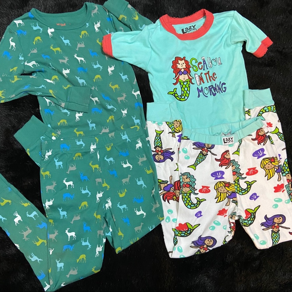 2 Kids Pajama Sets Pants/Tops Bundle Sz 6 Girl Mermaid Deer Hunting Comfy Casual